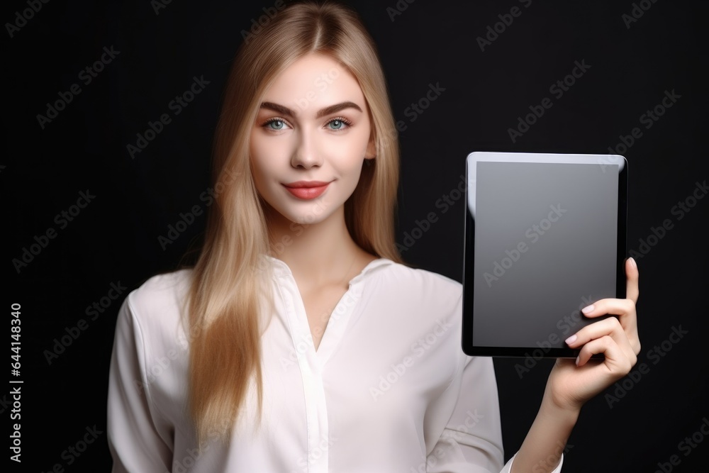 portrait of an unrecognizable woman holding up a tablet showing a blank screen portrait of an unrecognizable woman holding up a tablet showing a blank screen
