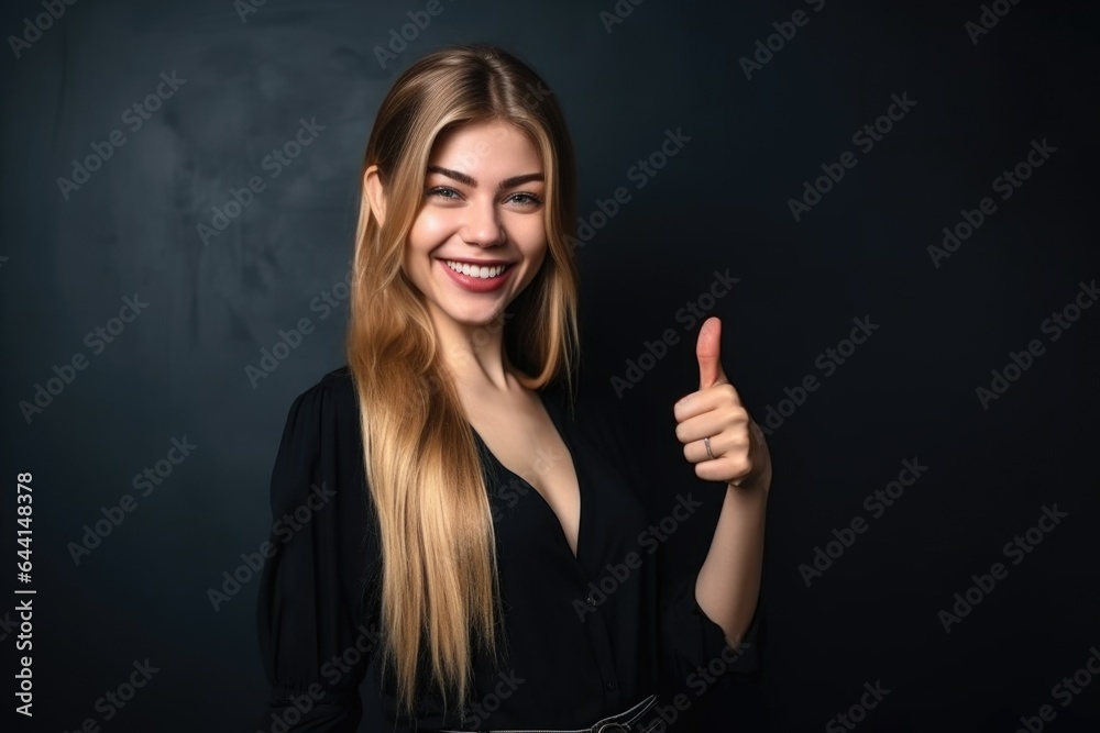 portrait of an attractive young woman showing thumbs up and posing in front of a chalkboard portrait of an attractive young woman showing thumbs up and posing in front of a chalkboard