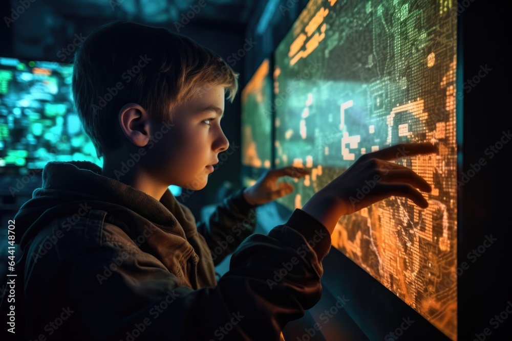 a young gamer looking at a futuristic game map projected on his hand a young gamer looking at a futuristic game map projected on his hand