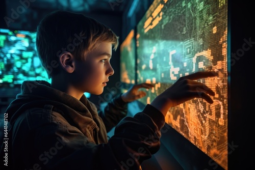 a young gamer looking at a futuristic game map projected on his hand