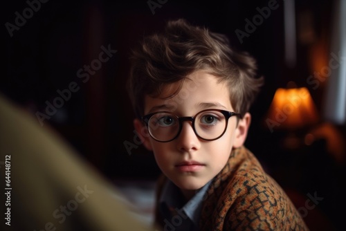 portrait of a young boy wearing glasses at home