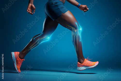 Side view male athletic runner, run data analysis concept, blue background, detail, close up, legs.