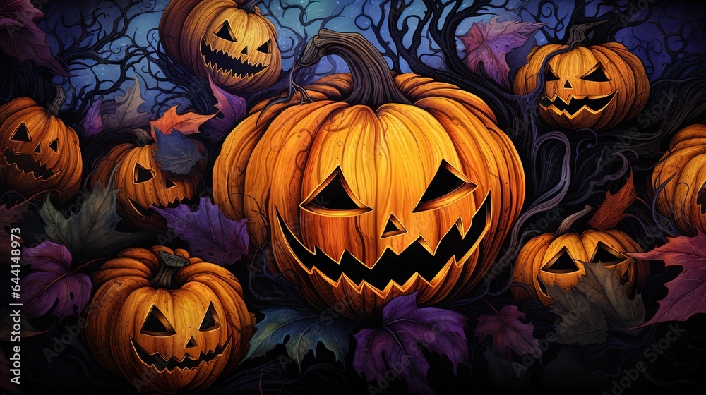 Halloween Jack. lantern pattern dark multicolored detailed shading watercolors, ornate Halloween Jack. lantern pattern dark multicolored detailed shading watercolors, ornate