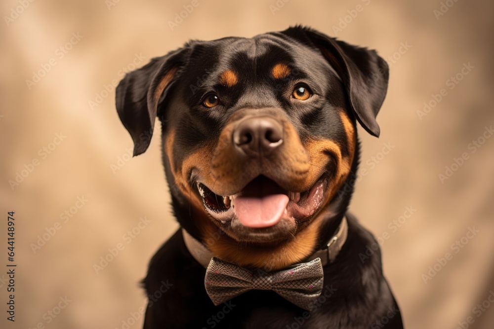 Medium shot portrait photography of a smiling rottweiler wearing a cute bow tie against a beige background. With generative AI technology