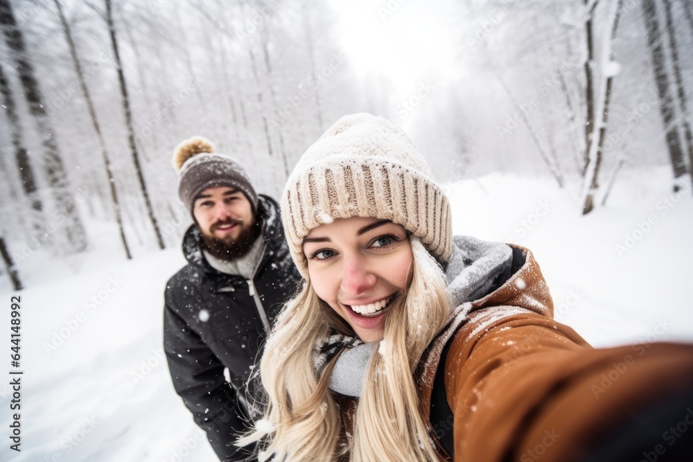 shot of a young couple taking selfies while playing in the snow