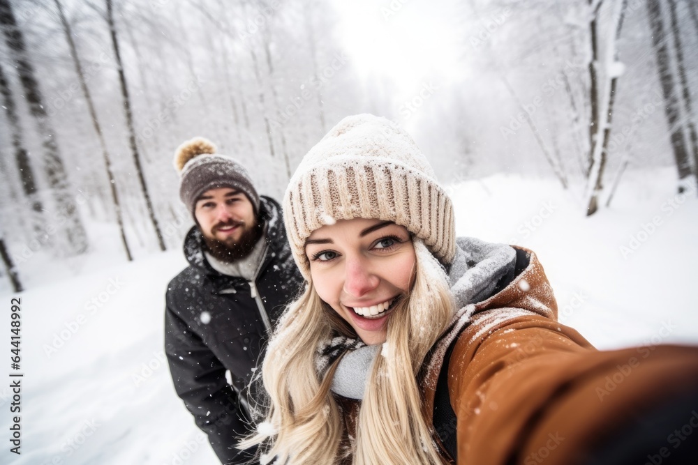 shot of a young couple taking selfies while playing in the snow shot of a young couple taking selfies while playing in the snow