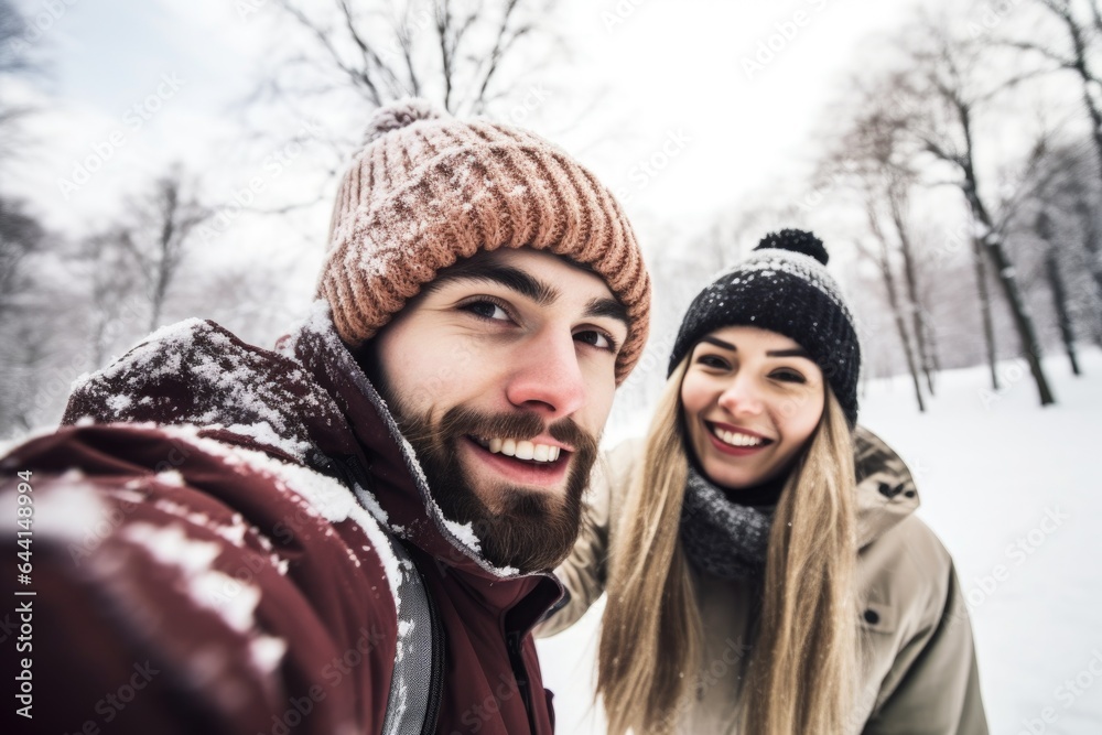 shot of a young couple taking selfies while playing in the snow