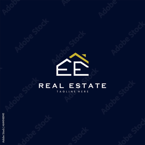 modern EE letter real estate logo in linear style with simple roof building in blue