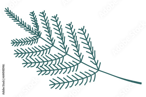 Vector linear Green spruce branch. Simple and primitive geometry illustration isolated on white background for design and graphic art. Line Winter element for postcard, Card, Banner, poster, flyer.