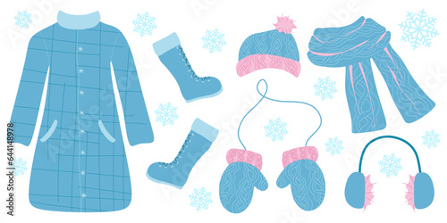 Set of Warm winter Clothes. Hat, Pair of Mittens, Coat and boots. Vector illustration isolated on white. Flat style Warm Clothes for cold weather, holiday decoration. Design art color wool accessory.