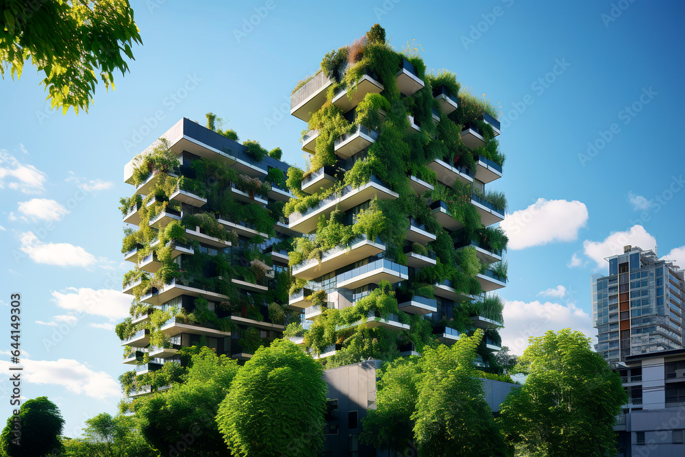 Generative AI illustration of modern sustainable and ecological building with vertical garden