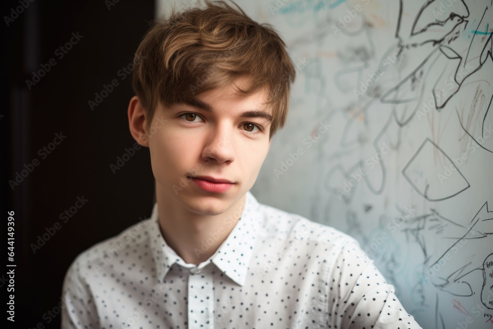 portrait of a handsome young man standing in front of white board with scribbles on it portrait of a handsome young man standing in front of white board with scribbles on it