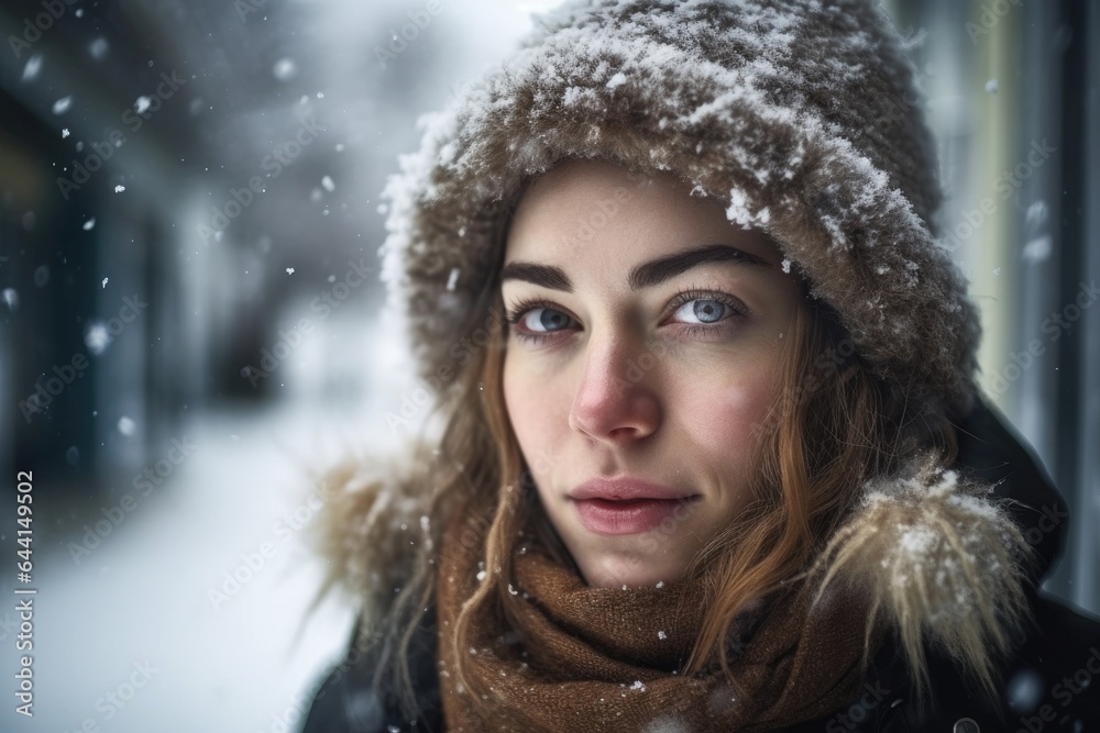 shot of a young woman covered in snow while standing outdoors shot of a young woman covered in snow while standing outdoors