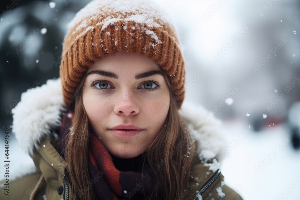 shot of a young woman covered in snow while standing outdoors shot of a young woman covered in snow while standing outdoors