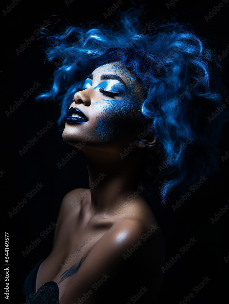 Partying woman portrait with blue style. Isolated black background..Generative AI. Partying woman portrait with blue style. Isolated black background..Generative AI.