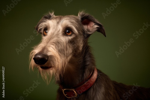 Lifestyle portrait photography of a happy scottish deerhound wearing a spiked collar against a beige background. With generative AI technology