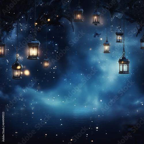 Christmas holidays mystical dark blue lamps and lights frame decoration.  © Andrei