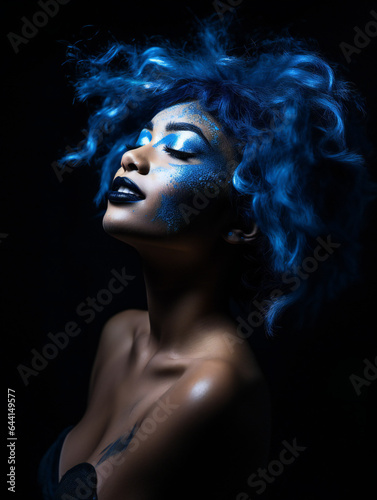 Partying woman portrait with blue style. Isolated black background..Generative AI.
