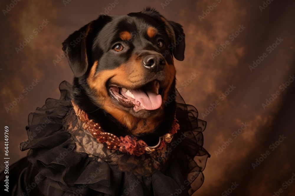 Obraz premium Environmental portrait photography of a smiling rottweiler wearing a frilly dress against a warm taupe background. With generative AI technology