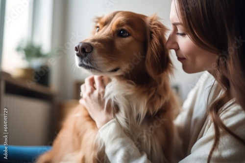 cropped shot of a woman petting her dog at home