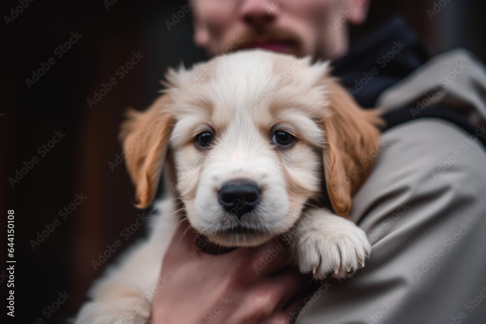cropped portrait of a puppy in the arms of his owner