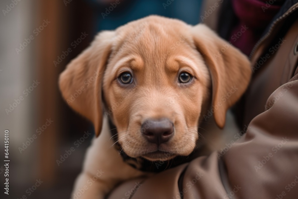 cropped portrait of a puppy in the arms of his owner cropped portrait of a puppy in the arms of his owner