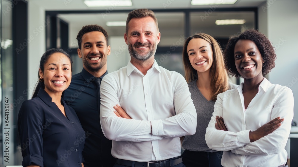 Happy business team standing together at office. Generative AI