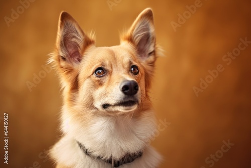 Headshot portrait photography of a happy norwegian lundehund wearing a paw protector against a warm taupe background. With generative AI technology © Markus Schröder