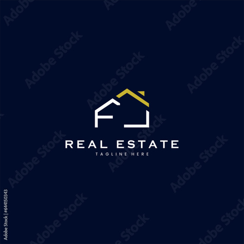 modern FJ letter real estate logo in linear style with simple roof building in blue