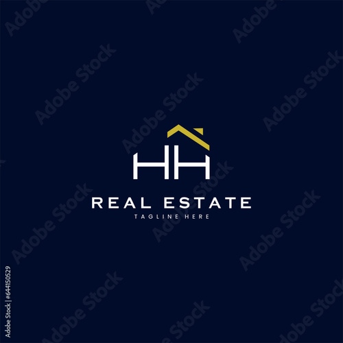 modern HH letter real estate logo in linear style with simple roof building in blue