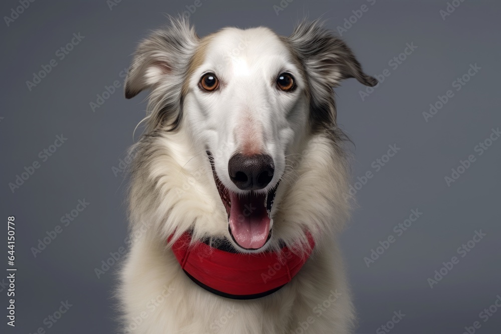 Close-up portrait photography of a happy borzoi wearing a pair of booties against a cool gray background. With generative AI technology Close-up portrait photography of a happy borzoi wearing a pair of booties against a cool gray background. With generative AI technology