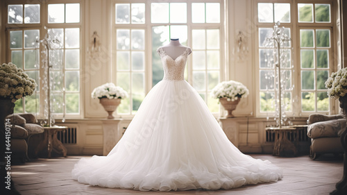 Wedding drees, bridal gown style and bespoke fashion, full-legth white tailored ball gown in showroom, tailor fitting, beauty and wedding