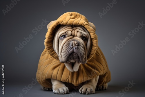 Medium shot portrait photography of a bored chinese shar pei dog wearing a halloween costume against a cool gray background. With generative AI technology
