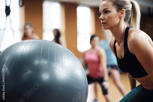 shot of a woman holding an exercise ball during a group fitness class