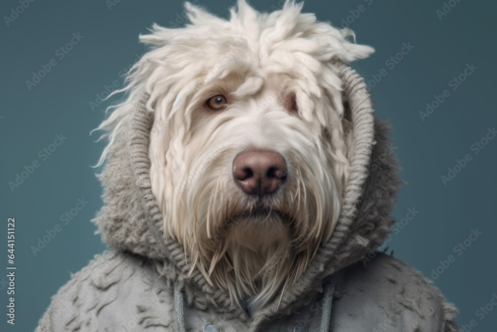 Close-up portrait photography of a funny komondor dog wearing a sherpa coat against a cool gray background. With generative AI technology