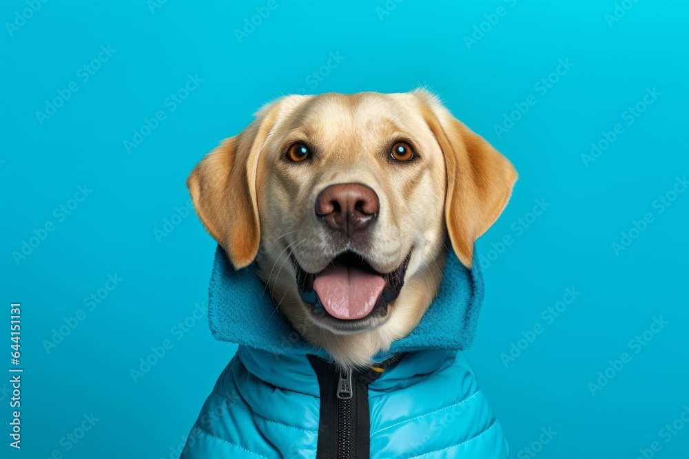 Close-up portrait photography of a happy labrador retriever wearing a puffer jacket against a tropical teal background. With generative AI technology