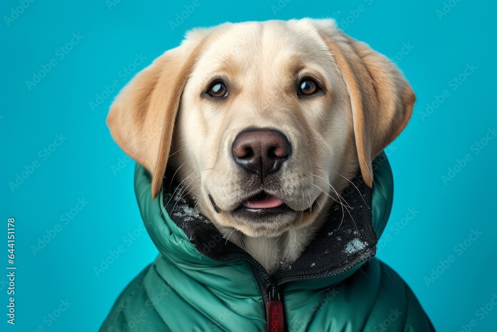 Close-up portrait photography of a happy labrador retriever wearing a puffer jacket against a tropical teal background. With generative AI technology Close-up portrait photography of a happy labrador retriever wearing a puffer jacket against a tropical teal background. With generative AI technology