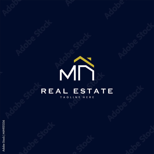 modern MN letter real estate logo in linear style with simple roof building in blue