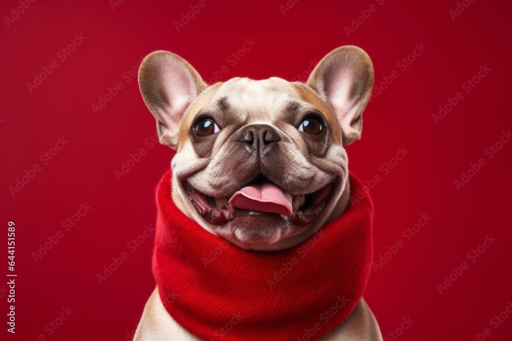 Close-up portrait photography of a smiling french bulldog wearing a snood against a ruby red background. With generative AI technology