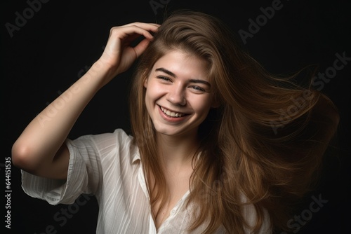 a casual young woman holding her hair in one hand and smiling