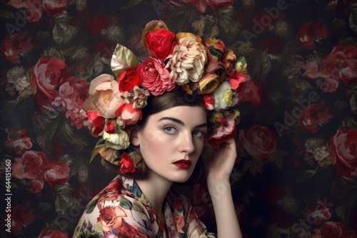 a young woman wearing a stylish floral headdress, vogueing in the studio