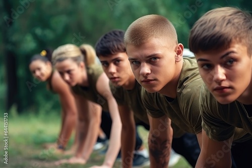 shot of a group of young people doing pushups together at boot camp