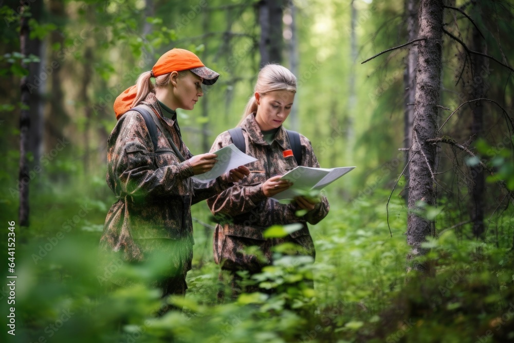 shot of two biologists conducting a bird survey in the forest