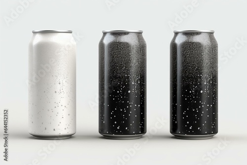 Mock-up of a 330ml soda can in white, silver, and black with droplets. Generative AI