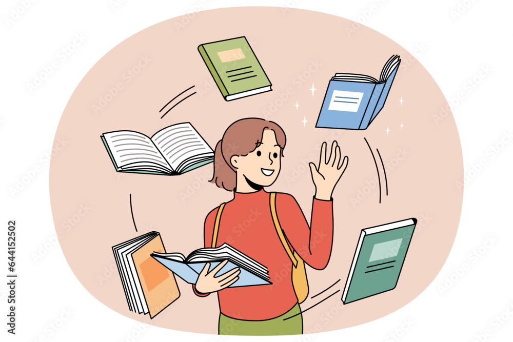 Happy girl child reading book fond of novel or fairytale. Smiling kid booklover engaged in literature. Education and knowledge. Vector illustration. Happy girl child reading book fond of novel or fairytale. Smiling kid booklover engaged in literature. Education and knowledge. Vector illustration.