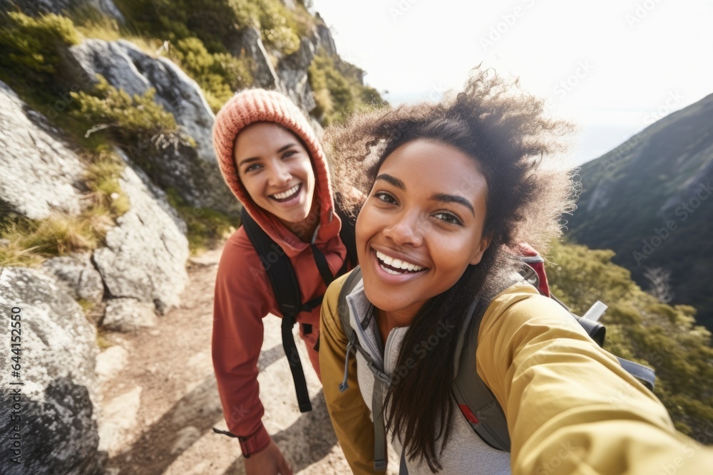 shot of a young woman and her friend taking a selfie while out hiking
