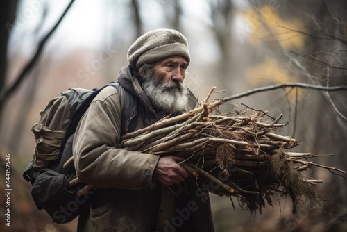 shot of an unrecognizable man holding a stack of branches while making his way through the woods