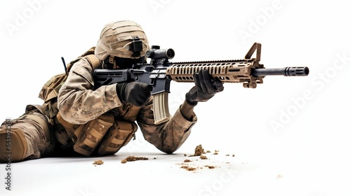 Military Soldier Aiming Rifle Isolated on White. Generative ai