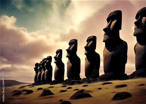 Moai figures easter island sunset - Created with Generative AI Technology