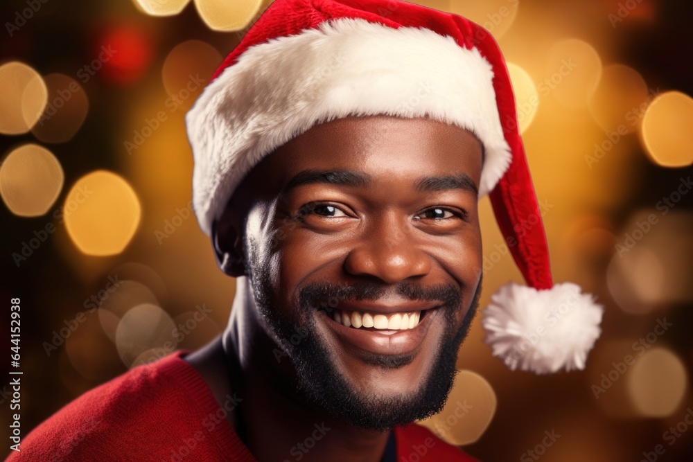 Dark-skinned man wearing a Santa Claus against the background of bright lights of a garland. Dark-skinned man wearing a Santa Claus against the background of bright lights of a garland.